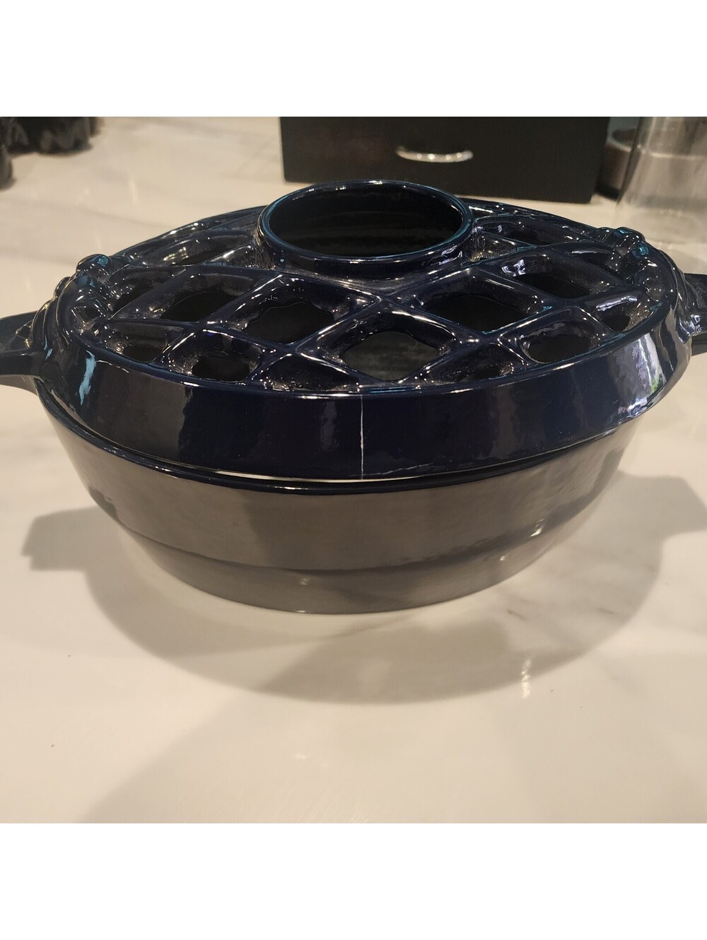 John Wright Cast Iron Wood Stove Steamer Humidifier Navy Blue Lattice Lid